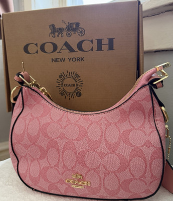 Coach Pink Logo Shoulder Bag Zip Closure Gold Hardware Detachable