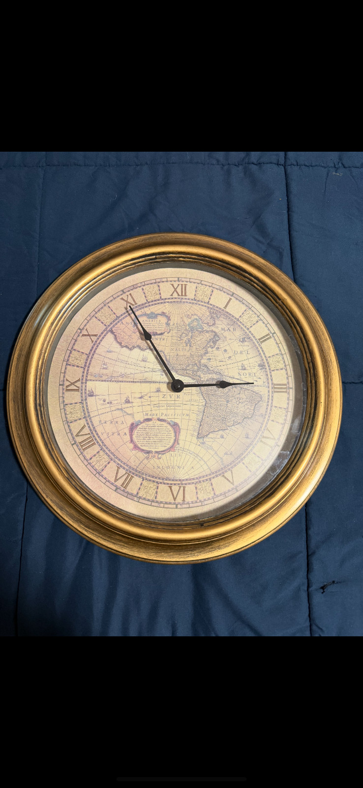 Vintage 16” World Map Wall Clock Burnished Brass Frame Roman Numerals Quartz Nau