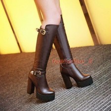 Womens Faux Leather Platform Chunky Heel Side Zip Over Knee High Boots