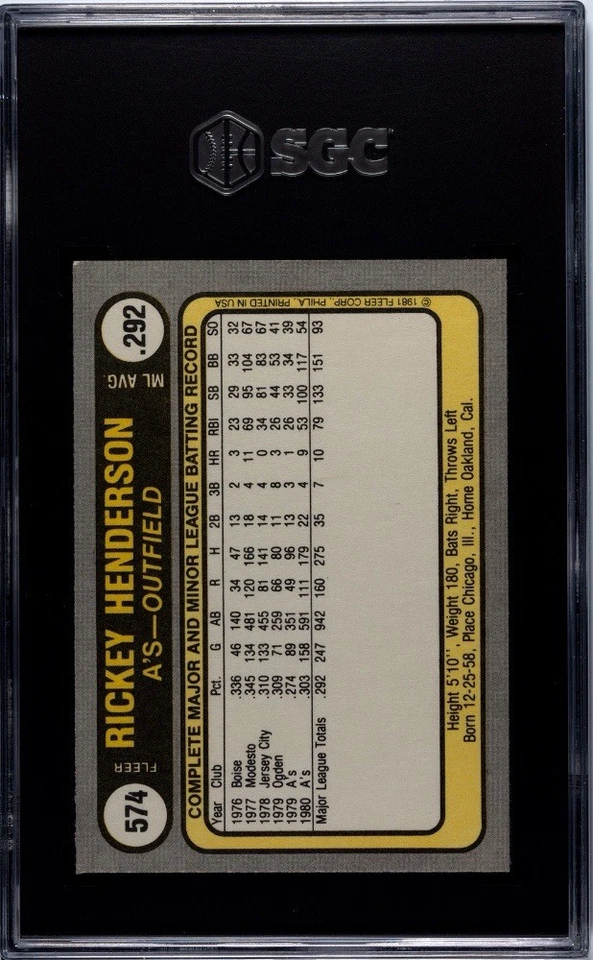 1981 Fleer Rickey Henderson #351 SGC 8 NM MT MLB HOF MLB Oakland Athletics - Image 2 of 4