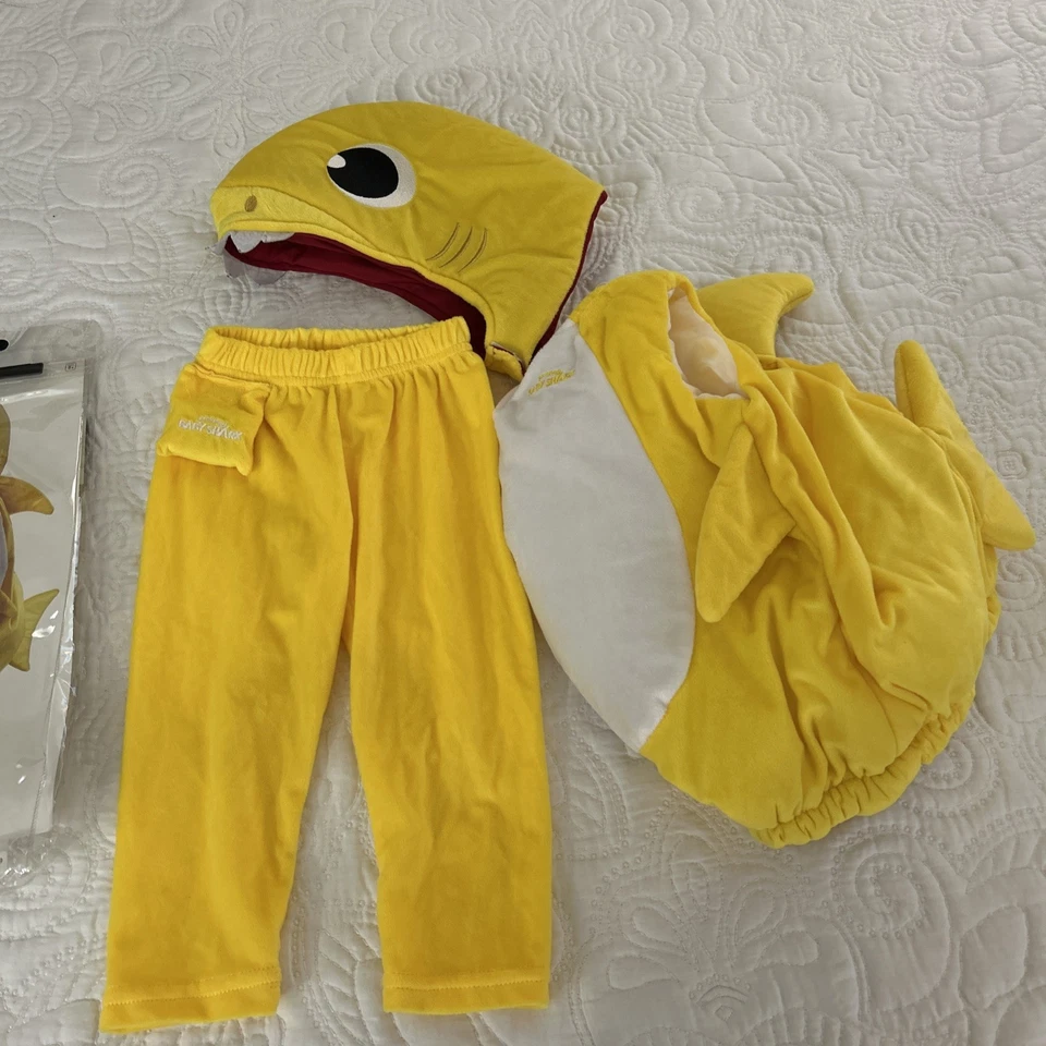 Fantasia Spirit Halloween bebê tubarão criança tamanho 12-18 meses veludo amarelo 3 peças - Imagem 2 de 4