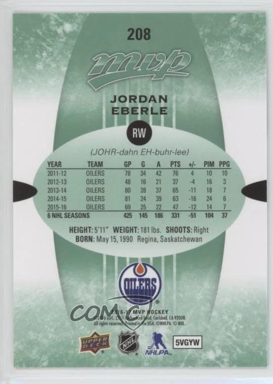 2016-17 Upper Deck MVP High Series Green Jordan Eberle #208 - Image 2 of 2