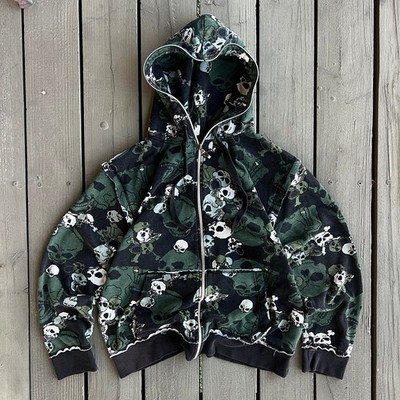 Vintage Y2K Skate Grunge Sarin AOP Skull Full Zip Up Hoodie XL