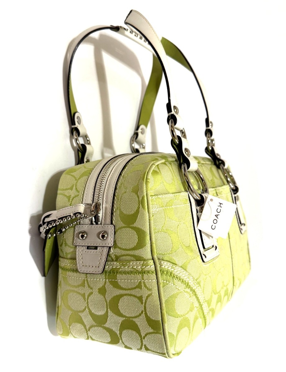 RARE COACH Y2K SOHO LG PEAR GREEN SIG C WHITE LEATHER TOTE BAG