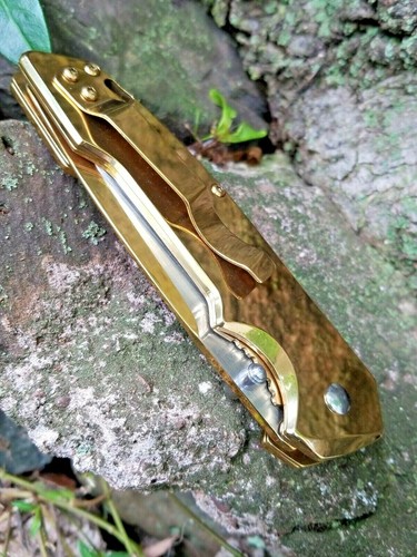 Gold Titanium Hammered Pocket Knife Blade Thumb Stud LinerLock EDC - Picture 10 of 10