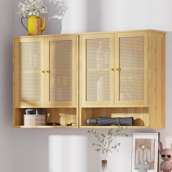 Badezimmerschrank HäNgeschrank Wandschrank KüChenschrank Badregal Mit TüR Bambus-image
