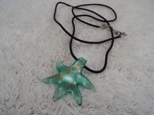 Teal Starfish Art Glass Pendant Black Cord Necklace