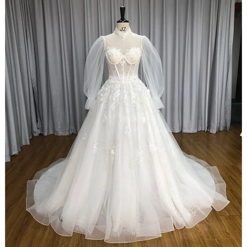 Luxury A-Line Wedding Dresses High Neck Puffy Sleeves Lace Applique Bridal Gowns - Image 2 of 4