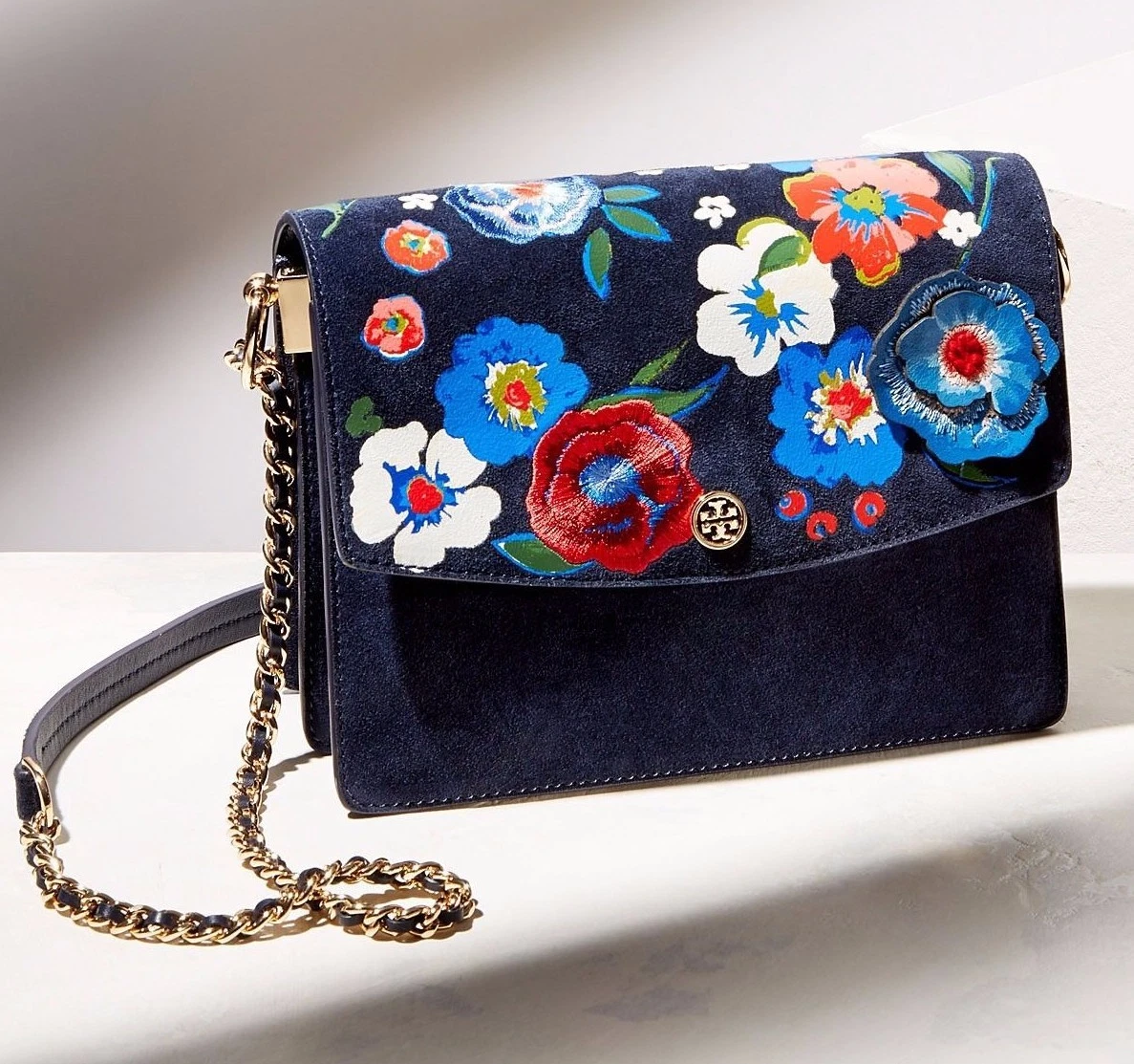 NEW Tory Burch Suede Leather Embroidered floral Chain Crossbody Shoulder Bag