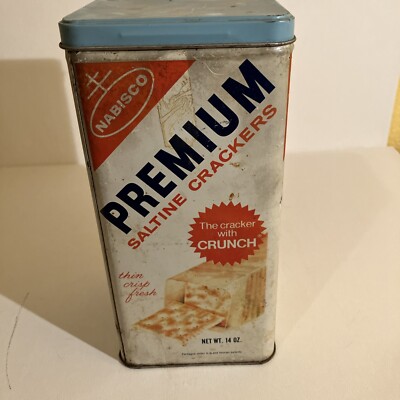 Vintage 1969 NABISCO PREMIUM SALTINE CRACKER Metal Container Tin Can Box 14 OZ