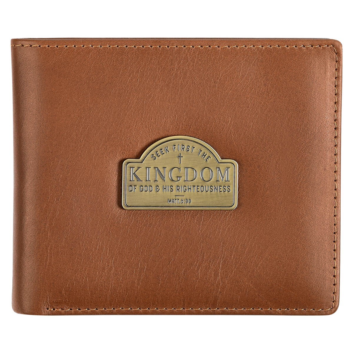 Genuine Leather Wallet with Seek First the Kingdom Badge in Tan-image
