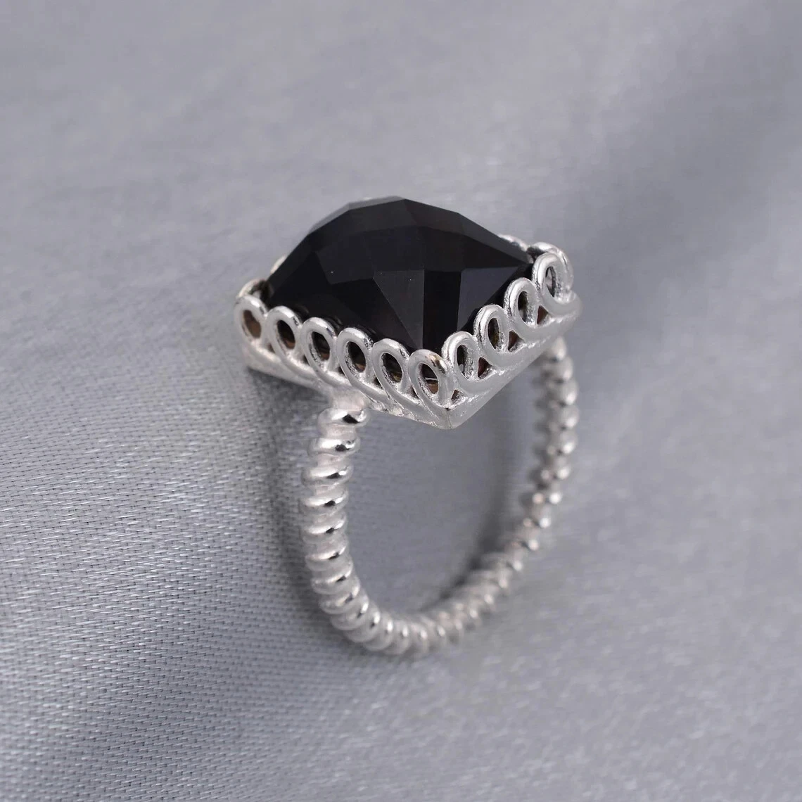 Black Obsidian Gemstone Ring 925Sterling Silver Statement Ring