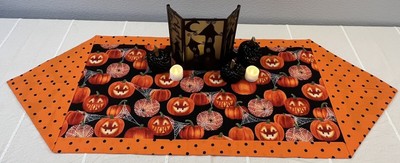 Halloween Table Runner Pumpkin Spider Web Polka Dot Orange Black 40''L 15 W