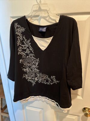 BASIC EDITIONS BLOUSE / 2X / Black With White Floral / 100% Cotton 