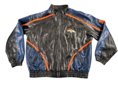 Vintage Denver Broncos Jacket Mens XL Black Leather Double Sided Logo Full Zip