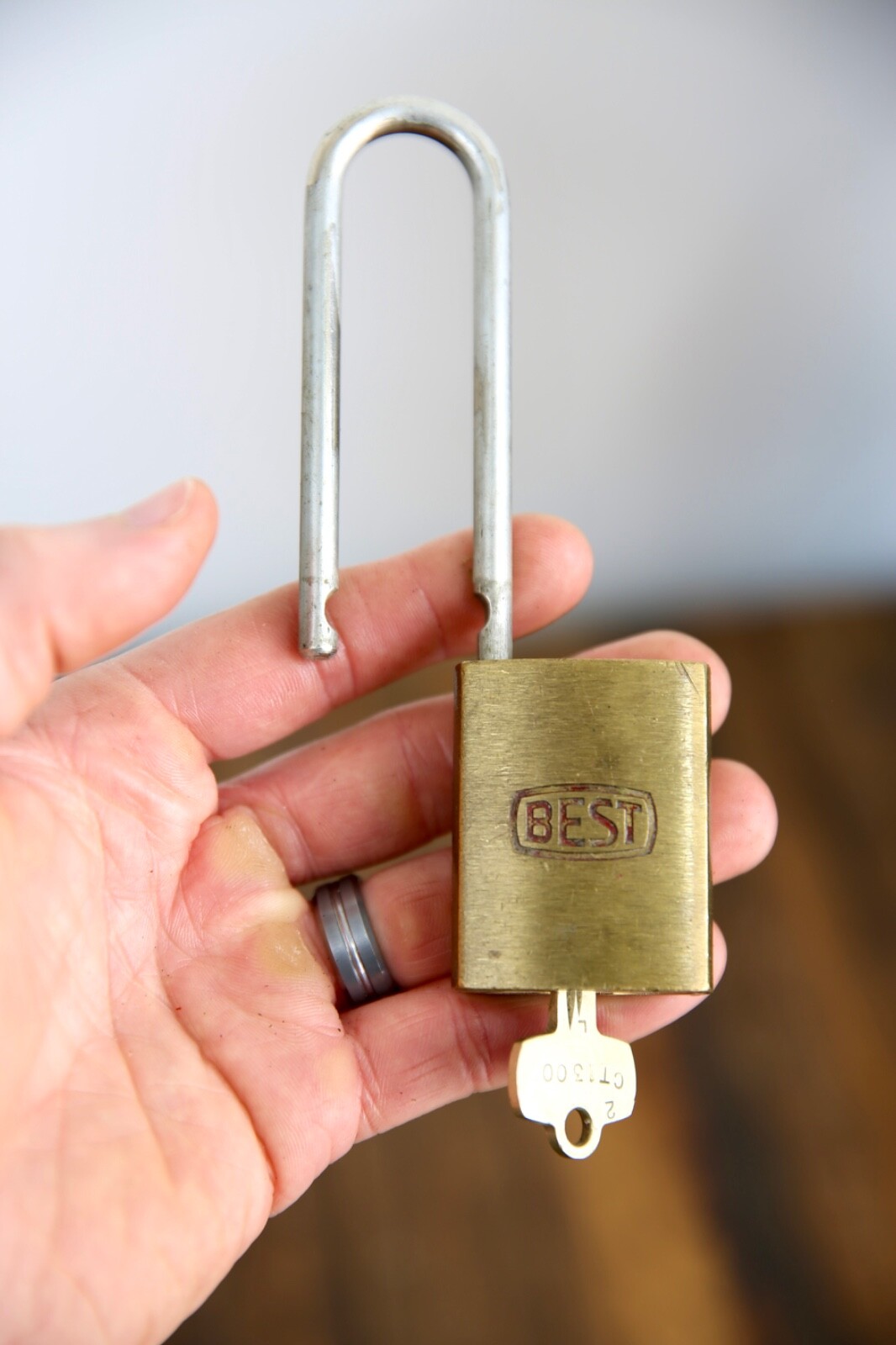 Vintage BEST Brass Padlock Safety First Antique lock w/ key Cabinet Tool box old