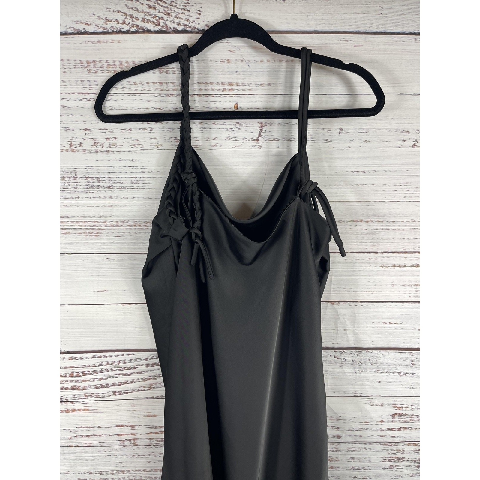 House of Harlow 1960 Dress Women's XL Black Braided Strap Cowl Neck Mini Ruched