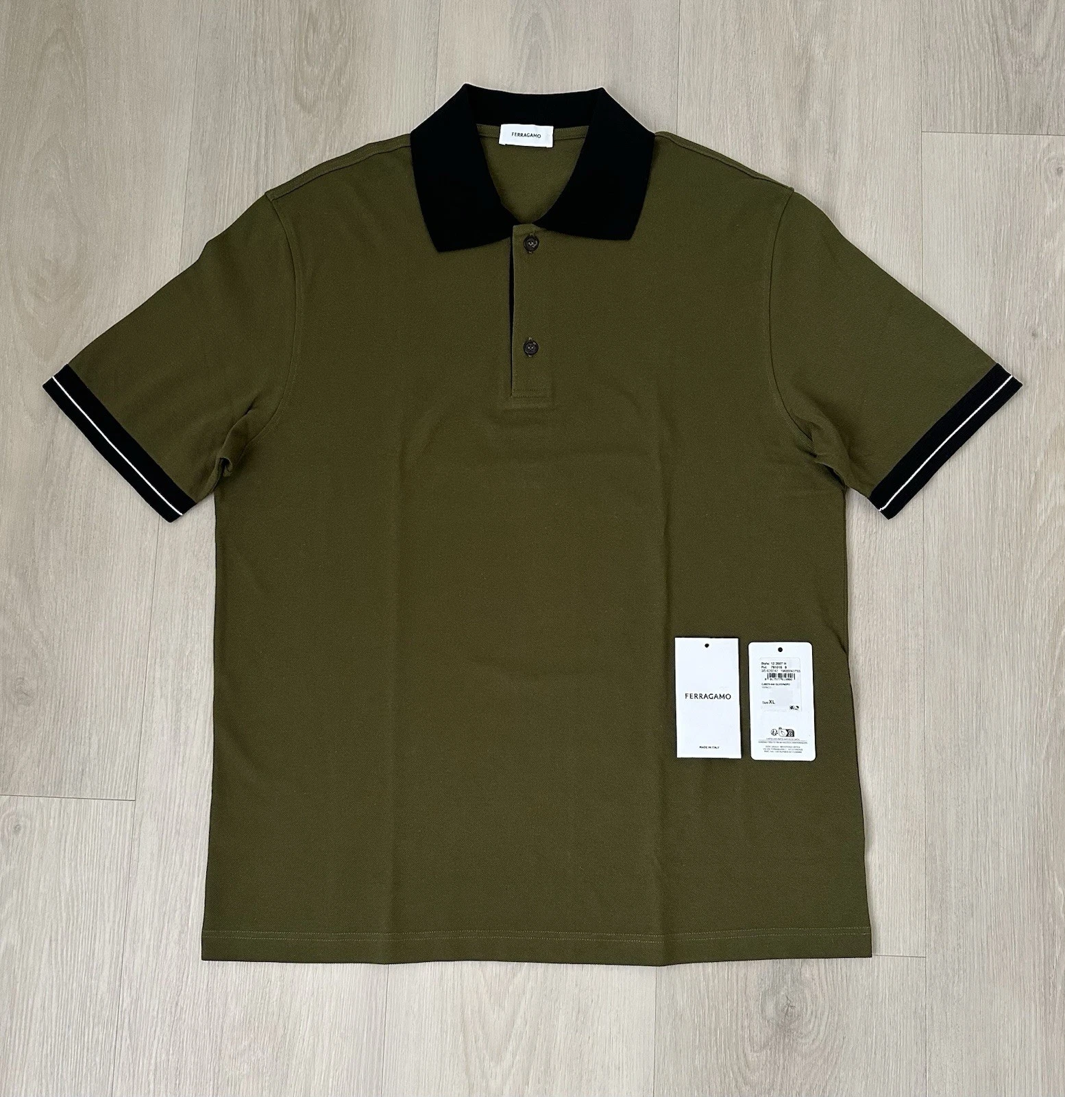 Ferragamo — FERRAGAMO Men’s Olive Green Contrast Collar Polo Shirt Size XL