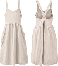 Cotton Linen Apron Cross Back Work Apron for Women with Pockets Pinafore Dress X