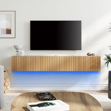 LED Fluted Floating TV Stand 4 Flip-Down Doors 80in TV Natural Oak
