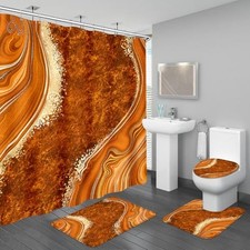 4PCS Marble Shower Curtain Sets with Rugs, Abstract Bathroom Sets with Orange