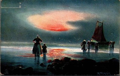 CPA - M.Morris - Landung Niederlande - Frau und Kind, Gruppe vor Boot