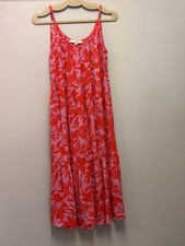 LOFT Coral Pink Floral Leaf Tiered Midi Dress Adjustable Straps Sz M 100% Rayon