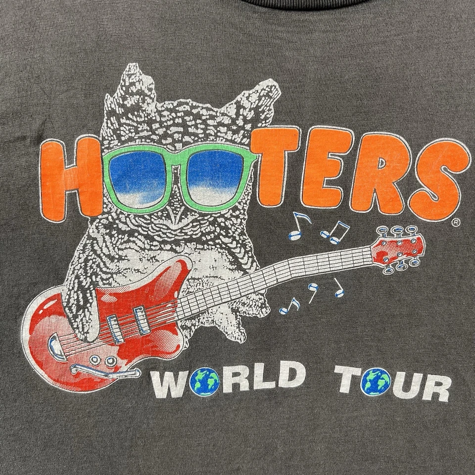 Camisa Hooters De Colección Para Hombres 2XL Negra Desteñida Puntada Única Años 90 Gira Mundial EE. UU. RARA Foto 4 de 4