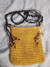 Sun N Sand Crossbody Yellow Bead & Shell Woven Straw, Inner Line W/pockets Purse