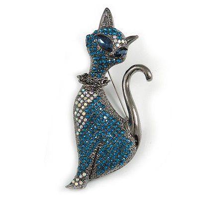 Türkis/AB Kristall Kätzchen/Katze Brosche in Rotguss - 70 mm hoch