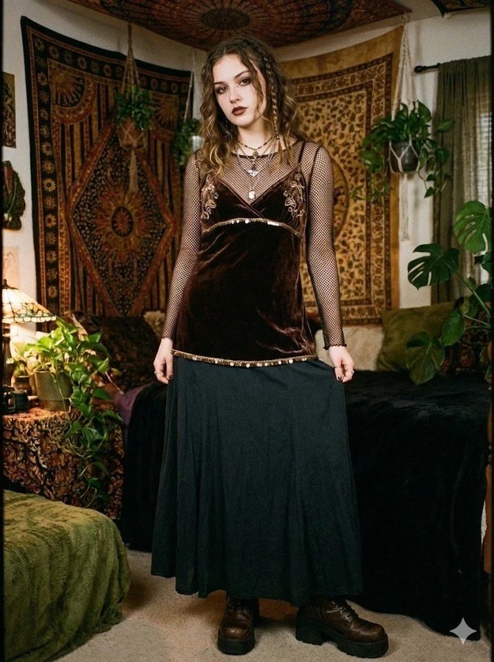 Pantalones de mezclilla Polo Ralph Lauren Y2K terciopelo de seda cami top marrón caprichoso bordado L Foto 2 de 4