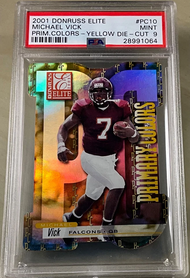 MICHAEL VICK 2001 Donruss ELITE Primary Colors Yellow DieCut Rookie /75 RC PSA 9 - Image 3 of 4