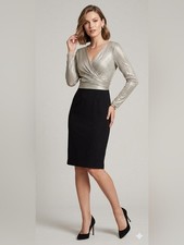 Lauren Ralph Lauren Alexie Metallic Cocktail Sheath Dress Sz 4 Black V Neck