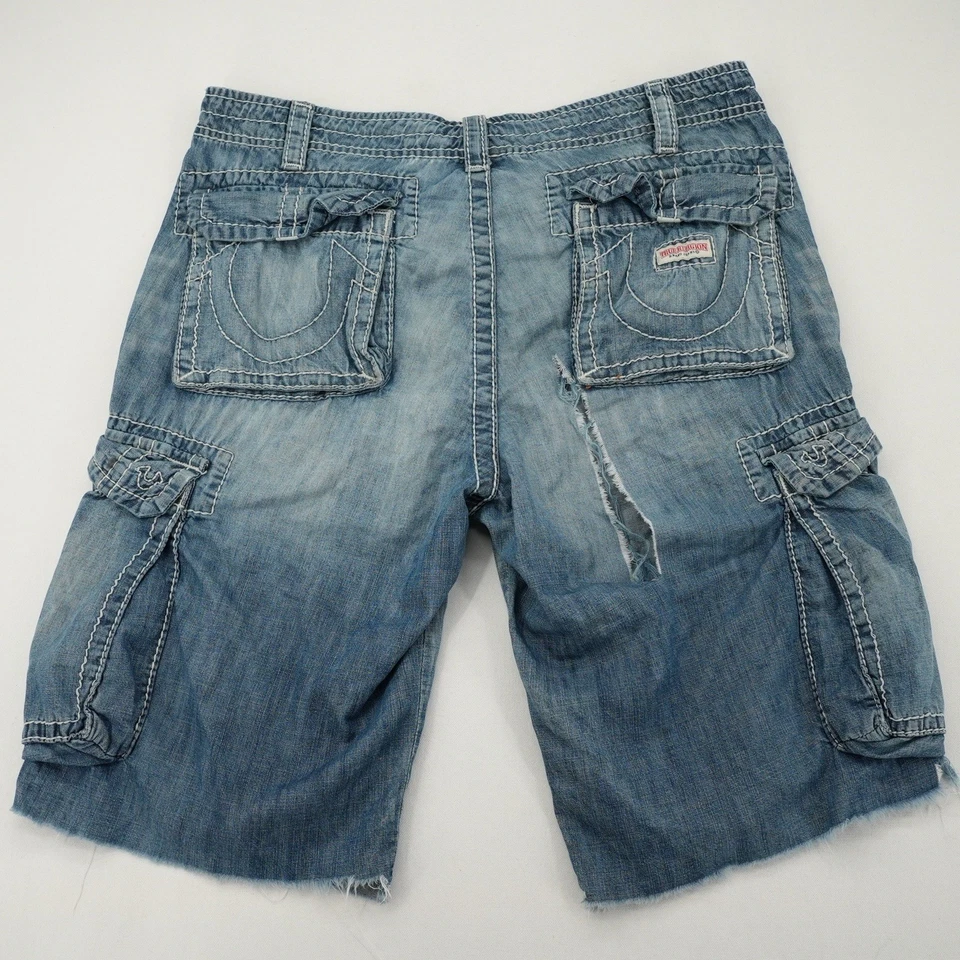 True Religion Men's Distressed Denim Cargo Shorts Size W34 - Image 2 of 4
