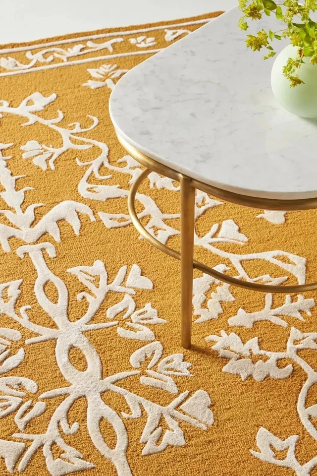 Gorgeous Hand-Tufted Wool & Silk Mustard Floral Traditional Area Rug For Bedroom - Image 2 of 3