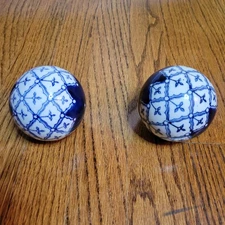 Set of 2 Porcelain Carpet Balls Blue White Cobalt Orbs 3" Chinoiserie