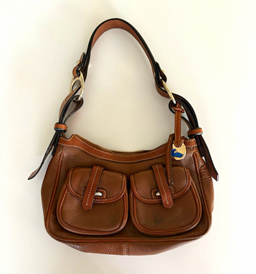 Dooney & Bourke Brown Pebbled Shoulder Bag, Zip, Gold Hardware, Charm, Pockets