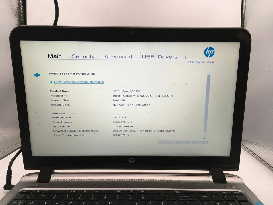 HP PROBOOK 450 G3 - BOOTS TO BIOS - INTEL I5 6200U - NO RAM - NO OS - READ - BB! - Image 2 of 4