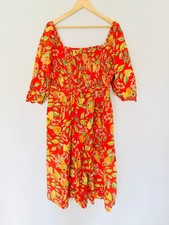Monsoon Dress Womens 20 Smocked Midi Floral Puff Sleeve Red Elastic Waist Square