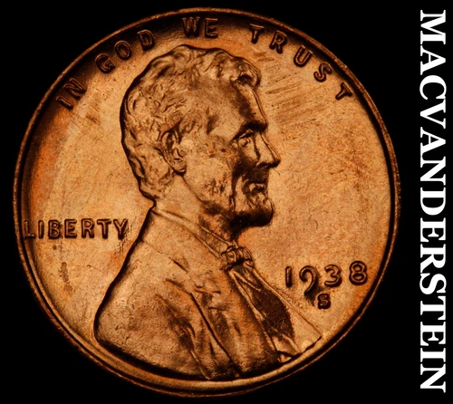 1938-S Lincoln Wheat Cent- Red- Choice Gem Brilliant Uncirculated Luster #J1999
