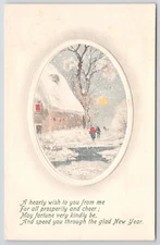 Glad New Year Children Walk Near Pond Evening Full Moon Snowy Cottage VIENNA