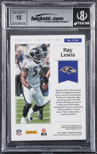 Ravens Ray Lewis Signed 2018 Panini Encase CCM #20 03/50 Card Auto 10! BAS Slab - Zdjęcie 2 z 2