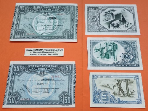 @NUMISMATICA BILBAO@ 5 Billetes x 5+10+25+50+100 PESETAS 1937 España EUSKADI R/7 - Picture 4 of 8