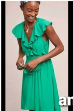 Maeve Anthropologie Green Ruffled Wrap V Neck Dress 6 NWT 