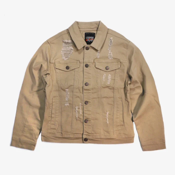 New Men's Copper Rivet Twill Denim Jacket (Khaki) Size Large
