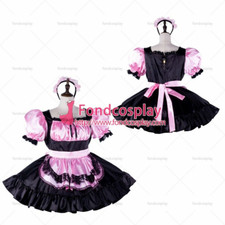 sissy short pink black satin dress lockable apron Tailor-made