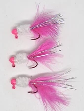 Hand Tied Feather Tail Crappie Jigs Pink & White W/ Flash  1/32th ounce
