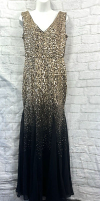 Godiva Maxi Abendkleid Meerjungfrau Größe 14 schwarz & gold Pailletten Chiffon Party neu mit Etikett