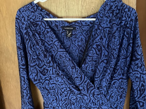Lands End 100% Silk Faux Wrap Belted Blue Floral Knee Length Dress Sz 6 EUC - Picture 2 of 5