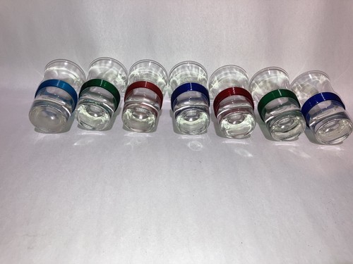 7 Vintage Red Blue Green Celluloid Band Flared Blade Runner Shot Glasses 1950s - Picture 2 of 7